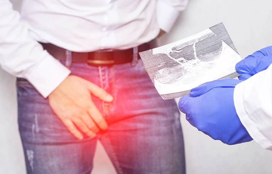 Man holding his testes due to testicular cancer, with a urologist holding a CT scan